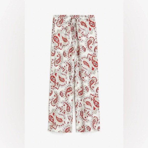 H&M High Rise Wide Leg Paisley Pull On Pants in White/Red Size M - Picture 1 of 10